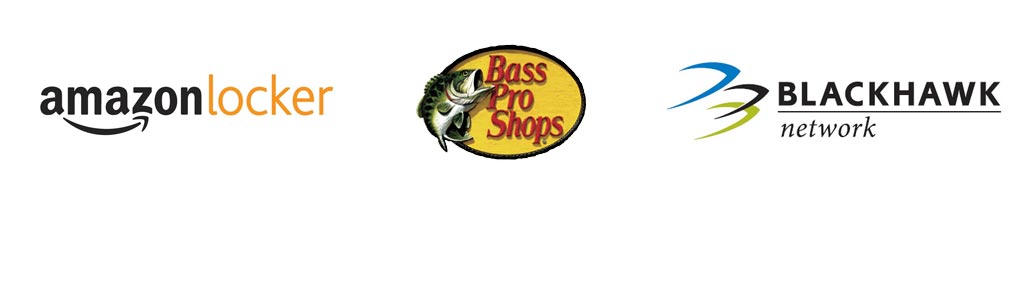 Our partner logos: Amazon Locker, Bass Pro Shops, Blackhawk Network